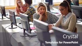  Presentation with working together - Slide set enhanced with girls-in-desk-working-together background and a dark gray colored foreground