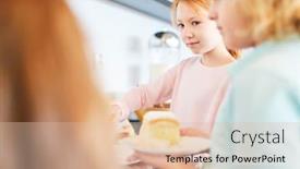  Presentation with school cafeteria - Audience pleasing PPT theme consisting of girls-in-elementary-school-take backdrop and a lemonade colored foreground