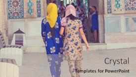  Presentation with uzbekistan - Amazing slide set having girls-in-national-costume backdrop and a light gray colored foreground