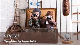  Presentation with cameras - Amazing PPT theme having girls in wooden chest play backdrop and a  colored foreground
