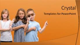  Presentation with happy kids - Audience pleasing PPT theme consisting of girls kids over orange background backdrop and a  colored foreground