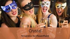  Presentation with girls night - Slide set having girls night - attractive friends with masks background and a coral colored foreground