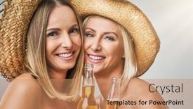  Presentation with toasting - Presentation theme enhanced with summer christmas new year disco - girls partying in hats background and a coral colored foreground