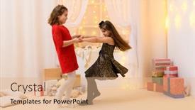  Presentation with dance - Slide set featuring girls-play-and-dance-home background and a coral colored foreground