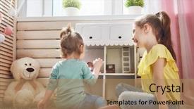  Presentation with play kids - Colorful PPT theme enhanced with girls play with doll house backdrop and a coral colored foreground