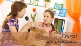 Presentation with music singing - Amazing slides having girls playing music and singing backdrop and a coral colored foreground