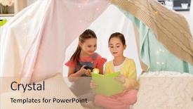  Presentation with kids reading book - Slides with girls reading book with torch background and a coral colored foreground