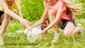  Presentation with football girls - Presentation design having girls-scuffling-over-football background and a yellow colored foreground