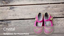  Presentation with shoes - Cool new slide set with girl's small shoes on wood backdrop and a gray colored foreground