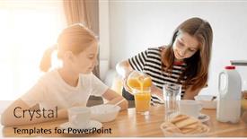  Presentation with child eat - Presentation featuring girls-sisters-eat-tasty-breakfast background and a coral colored foreground