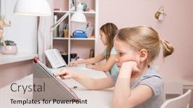  Presentation with covid - Audience pleasing PPT layouts consisting of girls-sitting-by-the-desk backdrop and a soft green colored foreground