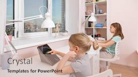  Presentation with covid - Slide set with girls-sitting-by-the-desk background and a coral colored foreground