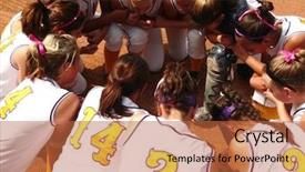  Presentation with team meeting - Presentation theme consisting of girls softball team meeting background and a red colored foreground