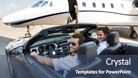  Presentation with sports car - Presentation design having girls sports car - happy pilot and airhostess background and a ocean colored foreground