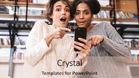  Presentation with happy young student girl holding - PPT theme enhanced with girls students studying at library background and a  colored foreground