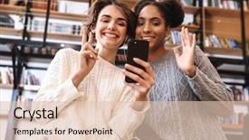  Presentation with cheerful stylish city girl using - Theme consisting of girls students studying at library background and a lemonade colored foreground