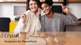  Presentation with students - Colorful PPT layouts enhanced with girls students studying at library backdrop and a  colored foreground