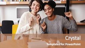  Presentation with students - Beautiful PPT theme featuring girls students studying at library backdrop and a coral colored foreground