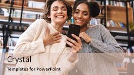  Presentation with cheerful stylish city girl using - Beautiful PPT theme featuring girls students studying at library backdrop and a  colored foreground