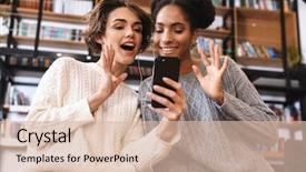  Presentation with students - Audience pleasing presentation design consisting of girls students studying at library backdrop and a  colored foreground