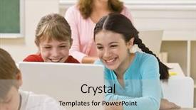  Presentation with classroom - Audience pleasing presentation consisting of girls using laptop in classroom backdrop and a  colored foreground