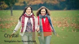 Presentation with walking - Presentation theme consisting of girls walking in the park background and a  colored foreground