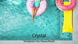  Presentation with villa - Amazing PPT theme having girls weekend - woman relaxing on donut lilo backdrop and a teal colored foreground