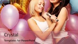  Presentation with disabled people lonely girl - PPT theme featuring girls with microphone and balloon background and a coral colored foreground