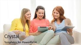  Presentation with friendship - Slides with girls with tablet pc computer background and a coral colored foreground