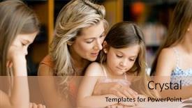  Presentation with library - Amazing presentation design having girls with their mother reading backdrop and a coral colored foreground