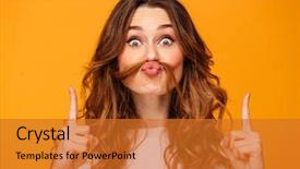  Presentation with funny - Beautiful presentation featuring girly - funny brunette woman in sweater backdrop and a gold colored foreground