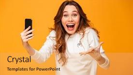  Presentation with camera - PPT theme with girly - surprised happy brunette woman background and a yellow colored foreground