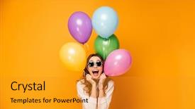  Presentation with happy birthday multicorored balloons - Presentation having girly - surprised happy brunette woman background and a gold colored foreground