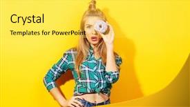  Presentation with yellow - Cool new slides with girly - young beautiful woman with doughnut backdrop and a yellow colored foreground