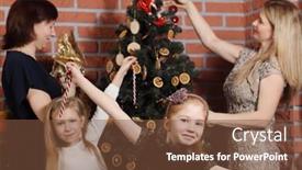  Presentation with decorate - Theme consisting of girrl pose two women with girl decorate christmas tree out of focus in room background and a tawny brown colored foreground