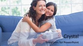  Presentation with displaying a happy mother cudd - Presentation design featuring give gift love - happy mother and daughter hugging background and a teal colored foreground