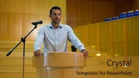  Presentation with executive - Theme featuring give information - business executive giving a speech background and a gold colored foreground