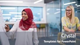  Presentation with twinkling stars art black - Presentation design consisting of give information - young black muslim businesswoman giving background and a ocean colored foreground