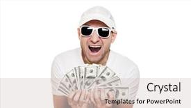  Presentation with holding hands - Theme consisting of give money - cool smiling man in sunglasses background and a  colored foreground