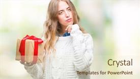  Presentation with blonde holds a magnifying glass - Amazing slides having give reason - beautiful young blonde woman holding backdrop and a  colored foreground