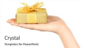  Presentation with female journalist at press conference - Slides consisting of give reason - female hand holding present box background and a  colored foreground