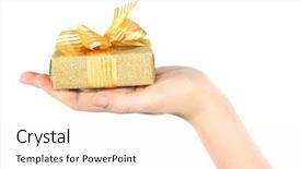  Presentation with box - Slide deck consisting of give reason - female hand holding present box background and a  colored foreground