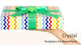  Presentation with female journalist at press conference - Beautiful PPT theme featuring give reason - female hand holding present box backdrop and a  colored foreground