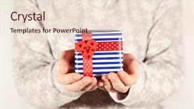  Presentation with female journalist at press conference - PPT theme enhanced with give reason - female hands holding present box background and a  colored foreground