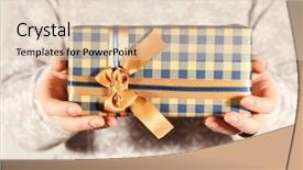  Presentation with female journalist at press conference - Audience pleasing theme consisting of give reason - female hands holding present box backdrop and a  colored foreground