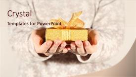  Presentation with holding hands - PPT layouts consisting of give reason - female hands holding present box background and a  colored foreground
