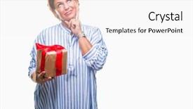  Presentation with gods gift - PPT layouts enhanced with give reason - senior caucasian woman holding gift background and a  colored foreground