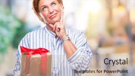  Presentation with gift - Amazing slide deck having give reason - senior caucasian woman holding gift backdrop and a soft green colored foreground