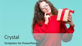  Presentation with gift - Audience pleasing PPT theme consisting of give reason - young brunette girl holding backdrop and a  colored foreground