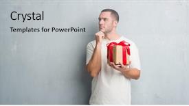  Presentation with what idea present by the picture - Cool new presentation theme with give reason - young caucasian man over grey backdrop and a  colored foreground